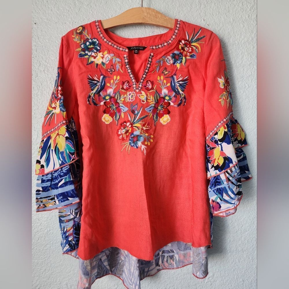 John Mark Coral Embroidered Blouse